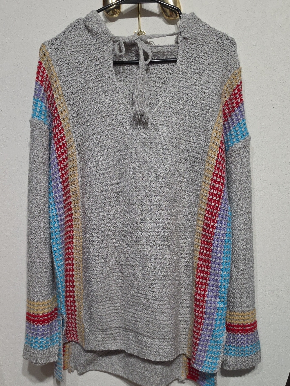 Light Gray V-Neck Hooded Sweater with Multicolor Stripe Sleeves